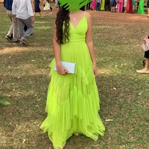 Vestido de Festa Longo Verde-Lima em Tule - Usado Apenas 1 Vez