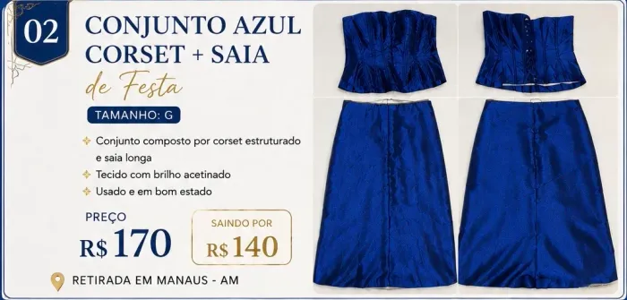 Conjunto Azul Royal Corset + Saia Longa Tam G