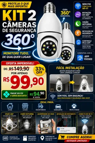 Kit 2 Câmeras de Segurança Wi-Fi 360° com Visão Noturna + App