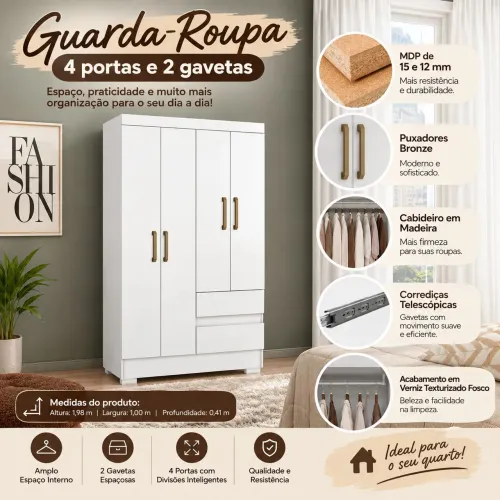 Guarda roupa de 4 portas e 2 gavetas