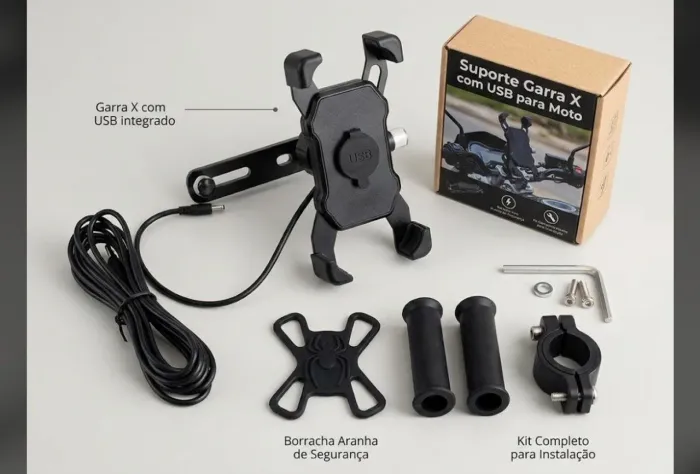 Suporte Celular Moto Garra x Com Carregador USB + Trava Aranha