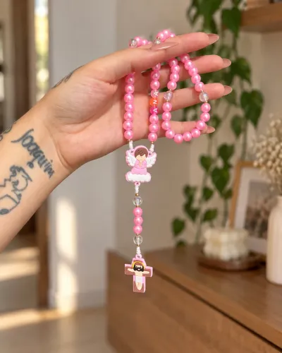 Terço Infantil Rosa Personalizado Batizado Primeira Comunhão