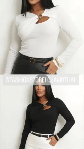 Promoção Blusa manga longa feminina com detalhes fivela