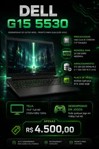 Notebook gamer DELL G15 5530 - Intel Core i5-13450HX | RTX 3050 6GB | 24GB RAM | SSD 512