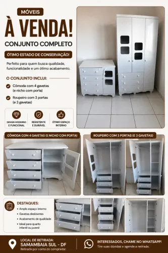 Conjunto Infantil Branco - Guarda-Roupa 3 Portas + Cômoda 4 Gavetas | Excelente Estado