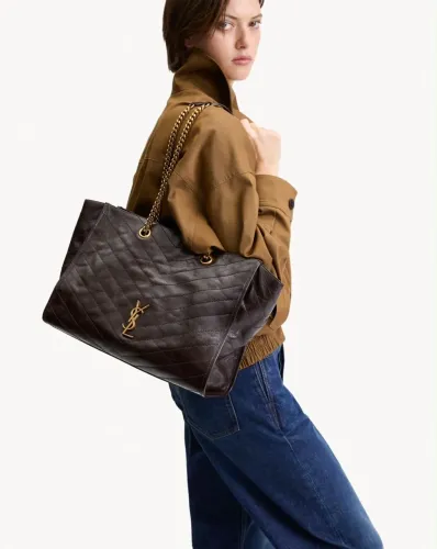 Bolsa de couro legítimo marrom grande Yves Saint Laurent italiano ferragens bronze 