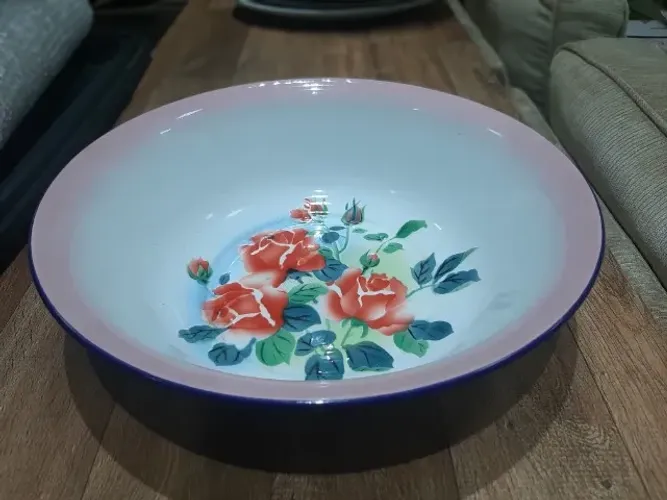 Bacia vintage de ágata (metal esmaltado) , pintura floral artesanal, com 30 cm de diâmetro
