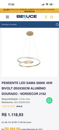 Luminária pendente led dourada 3000k usada