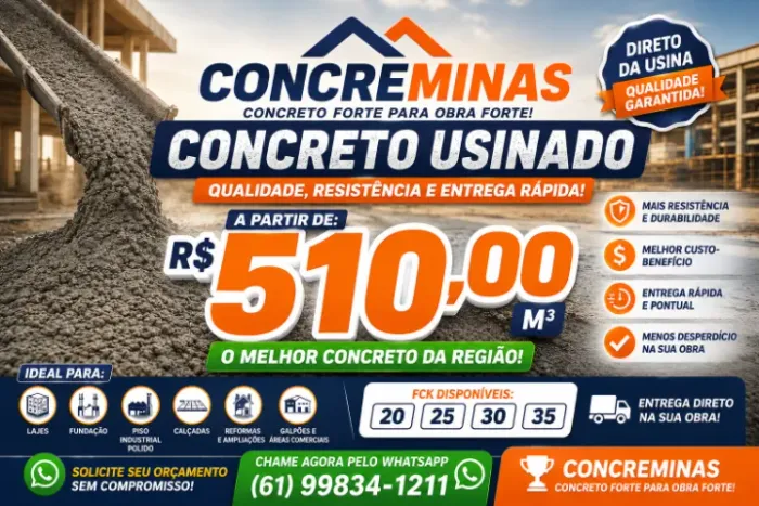 CONCRETO USINADO DIRETO DA USINA | ENTREGA RÁPIDA $510