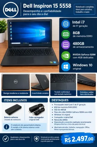 Dell Inspiron 15 5558 i7 5ª Geração, 8GB DRR3, SSD 480GB e GeForce 920M<br>