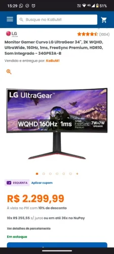 Monitor Gamer LG UltraGear 2K 34" 160hz UltraWide