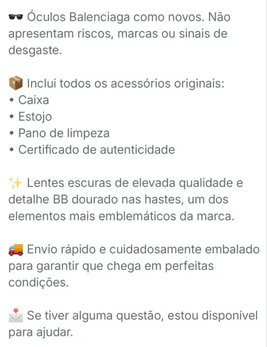 Óculos original Balenciaga com caixa e nota