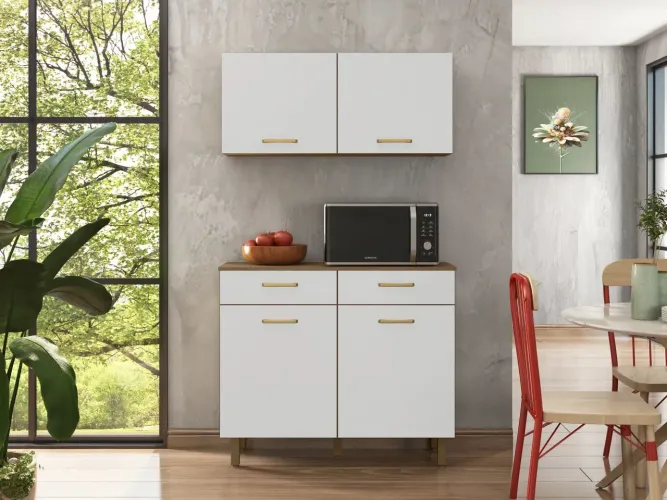 Armário de Cozinha Lara 2 Gavetas 4 Portas Moderno Branco / Mel