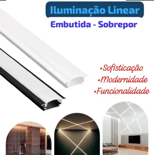 Perfil Alumínio Para Fita Led Embutir Sobrepor Barra 2mts