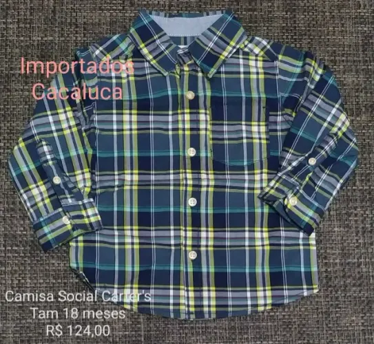 Camisa social para menino, xadrez tom azul, tamanho 18 meses da marca Carter´s