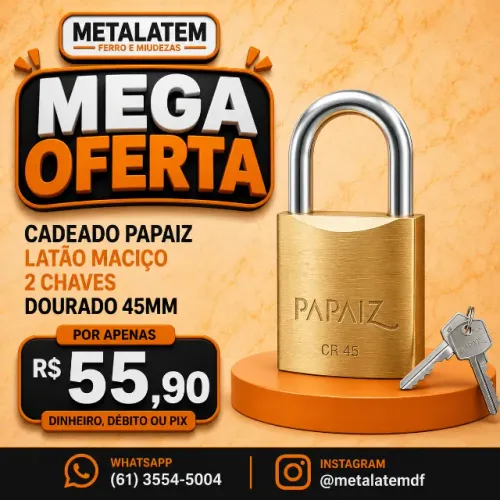 Cadeado Papaiz Latão Maciço 45 mm com 2 Chaves - Alta Segurança