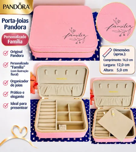 PORTA-JOIAS PANDORA ROSA PERSONALIZADO FAMÍLIA