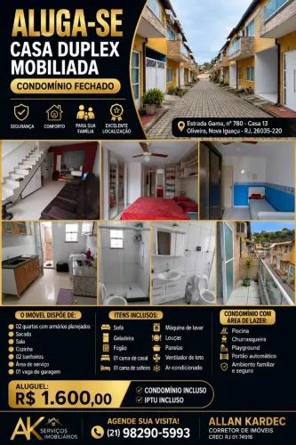 Alugo excelente casa duplex mobiliada em condomínio fechado,