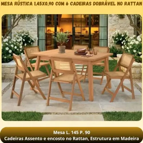 Mesa rustica 1.45x0.90 c 6 cadeiras dobrável no Rattan