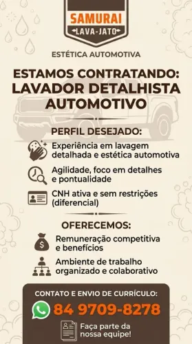 Estamos Contratando: Lavador / Detalhista Automotivo