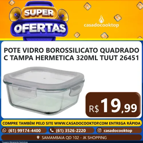 POTE VIDRO BOROSSILICATO QUADRADO C/ TAMPA HERMETICA 320ML TUUT 26451