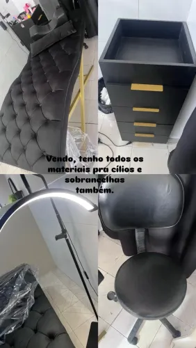 Maca, mocho, carrinho estética, luminária materiais de cílios e sobrancelhas