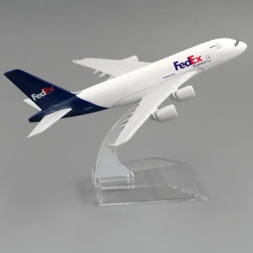 Miniatura de avião Carga Airbus A380 da FedEx em liga metálica escala 1:400 com 16 cm