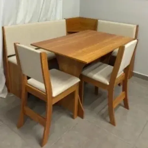 Mesa Canto Alemão Golden Estofado com 2 Cadeiras Tecido Linho
