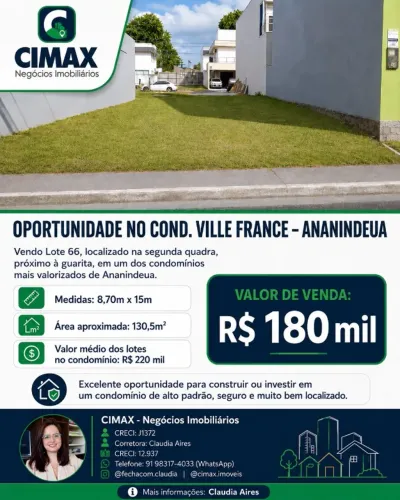 OPORTUNIDADE - LOTE com 130,5M2 - COND. VILLE FRANCE - ANANINDEUA