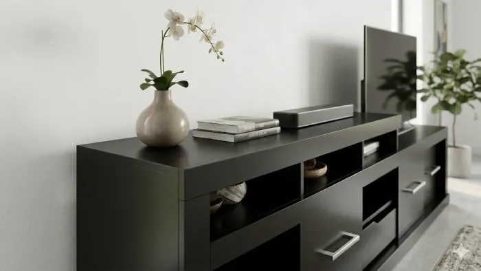 Rack para TV Grande Preto - Moderno, com Portas e Gaveta (Excelente Estado)