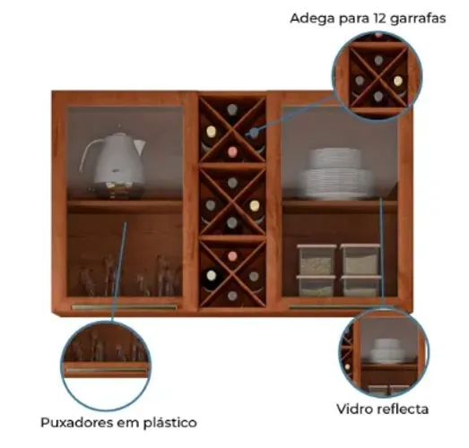 Armário Aéreo 120cm Portas de Vidro  Favorita