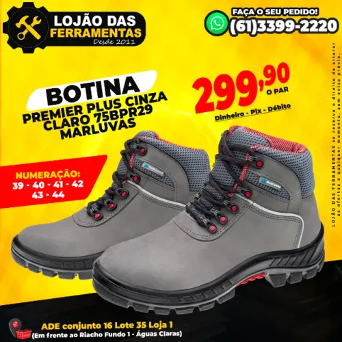 Botina Premier Plus Cinza Claro 75BPR29 Marluvas