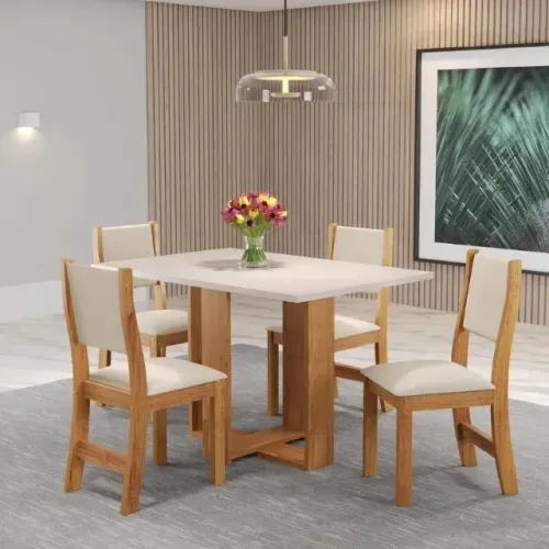 Mesa de Jantar Magic 120x80 Tampo Off 4Cd Assento Veludo Marfim Viero - Entrega Rápida! 