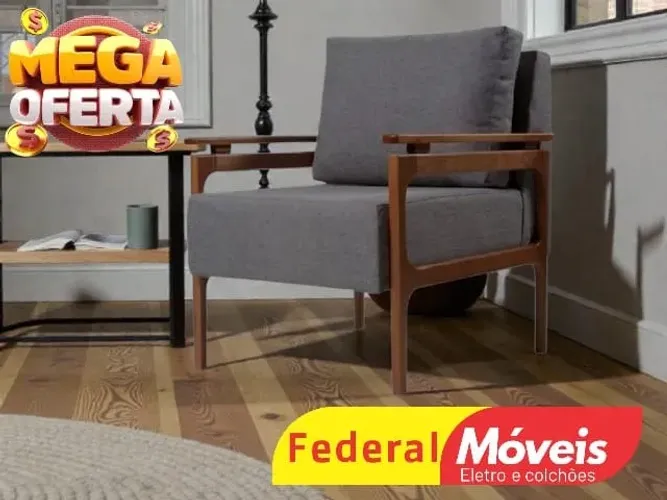 Poltrona Decorar em Linho Bege e Cinza c/ Molas no assento (A PRONTA ENTREGA))