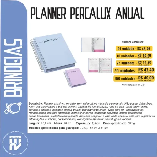 Planner Percalux Anual Personalização a Laser - Brindes Personalizados Brindeias