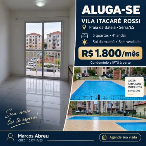 ALUGA-SE APTO 3Q | VILA ITACARÉ ROSSI ? PRAIA DA BALEIA, SERRA/ES