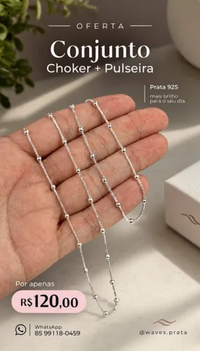 Conjunto Chocker + Pulseira Bolinhas Oferta Prata 925