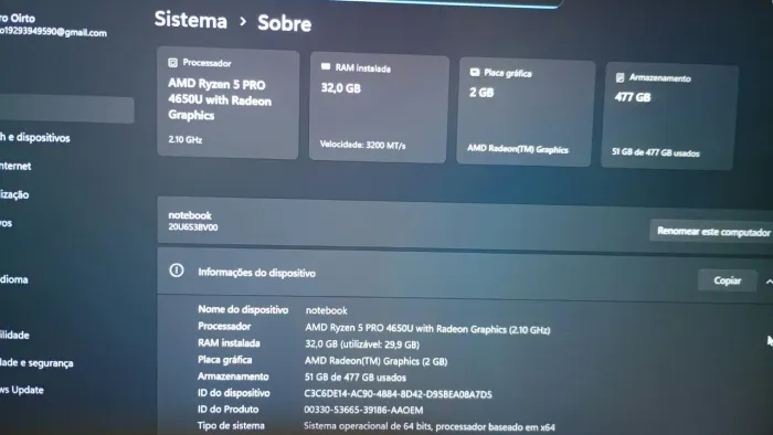 Notebook thinkpad Ryzen 5 Pro 4650U