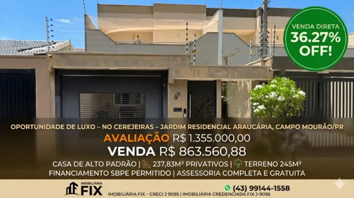 ? CAMPO MOURÃO - VENDA DIRETA: OPORTUNIDADE DE LUXO NO CEREJEIRAS!