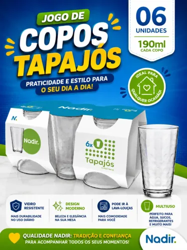 Jogo de Copos de Vidro 190ml Multiuso Tapajós - 06 Unidades