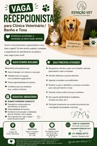 Recepcionista para Clínica Veterinária / Banho e Tosa