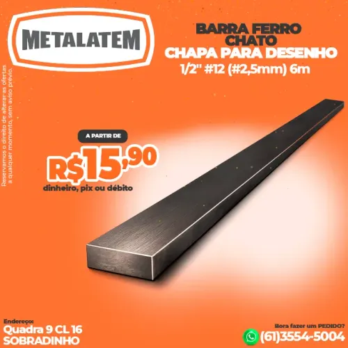 Barra de Ferro Chato - Chapa para Desenho 1/2" #12 (#2,5 mm) - 6 Metros