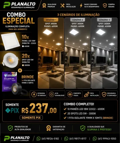 KIT 10 Painel de led 18w 22x22 6k + 10x Spot de led 5w 3000k + BRINDE FITA ISOLANTE 10M