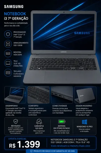 Notebook Samsung i3 SSD tela 15.6 perfeito pra trabalho estudo 