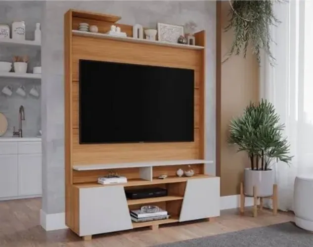 Home Master para TV até 55? - Design Moderno com Prateleiras e Pés em Nature/Off White