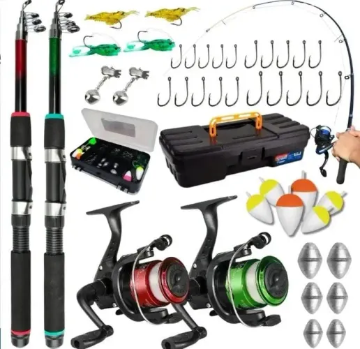 Kit completo de pesca 2 varas de fibra de vidro, 2 molinetes linha e estojo com kit comple
