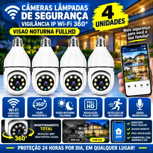 4 UNIDADES - Câmeras Lâmpadas de Segurança Vigilância IP Wi-Fi 360° Visão Noturna FullHD