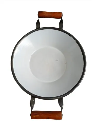 Tacho esmaltado branco Para Fritura Com Alça De Madeira