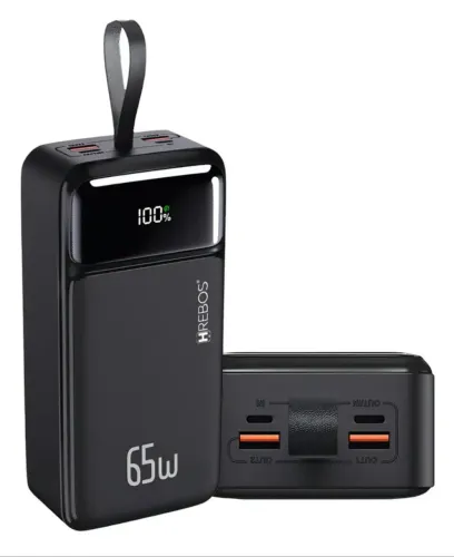 Power Bank Turbo 65w Hrebos 30000mah Com Display Digital Cor Preto