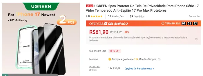 Película privacidade Ugreen Iphone 17 pro